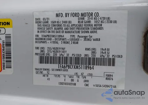 2021 Ford Mustang Gt Premium Fastback z USA, uszkodzony, nr VIN 1FA6P8CFXM5118964